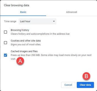 Clear browsing data
Basic
Time range Last hour
growsing history
Advanced
Clears history and autocompletions in the address bar
Cookies and other site data
Signs you out of most sites.
Cached images and files
Frees up less than 290 MB. Some sites may load more slowly on your next
visit
Cancel
Clear data
